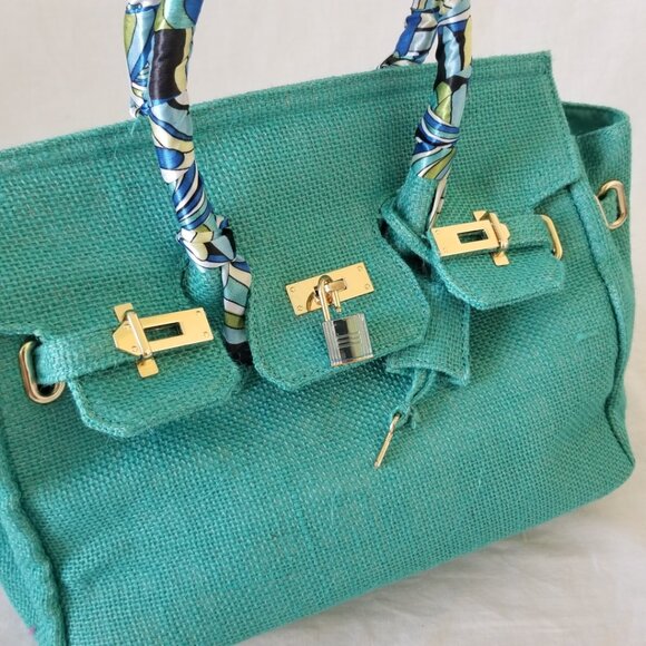 NWOT! Woven Jute Tote Handbag Purse with Scarf Handle and Lockable Front Straps - Picture 10 of 14